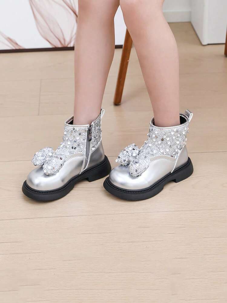 1 Pair Girl & Kids Rhinestone Sequin Fashion Mid-Calf Boots, Versatile Anti-Slip Durable Boots - Silver - View 7
