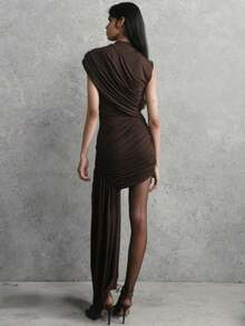 Irregular Draped Ruched Sexy Mini Dress For Women Elegant Turtleneck Sleeveless High Waist Pleated Club Party Dress - 卡其色 - 查看 5