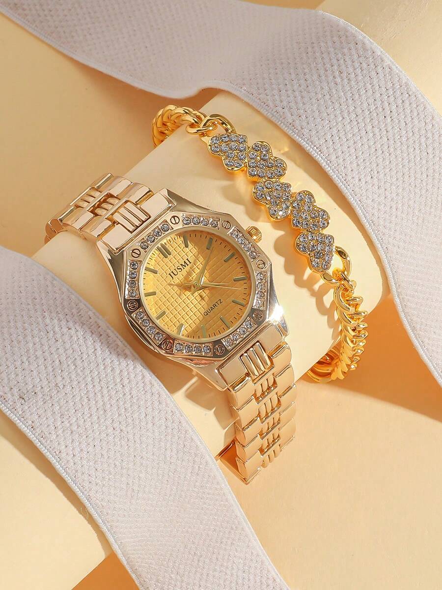 2pcs/Set Minimalist Rhinestone Roman Numeral Dial Stainless Steel Watch + Sparkling Heart Charm Bracelet, Suitable For Birthday, Graduation, Teen Gifts - Gold - View 1
