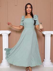 Short Sleeve Midi Dress Simple Ruffle Hem Zipper Summer Wedding - Màu xanh Bạc hà - Xem 5