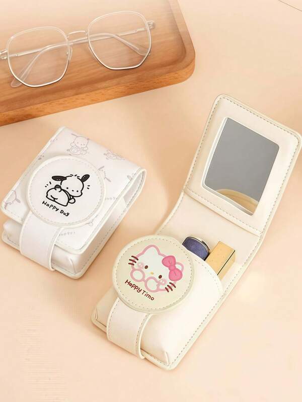 1 Piece/Hello Kitty Mouth Red Bag Cartoon Portable Lipstick Storage Bag With Mirror Small Cosmetic Protective Case Girlfriend Gift, Lipstick Type Cosmetic Bag With Mirror Portable Cosmetic Cover Protective Case (Background Color And Pattern Are Slightly Different According To Different Batches)