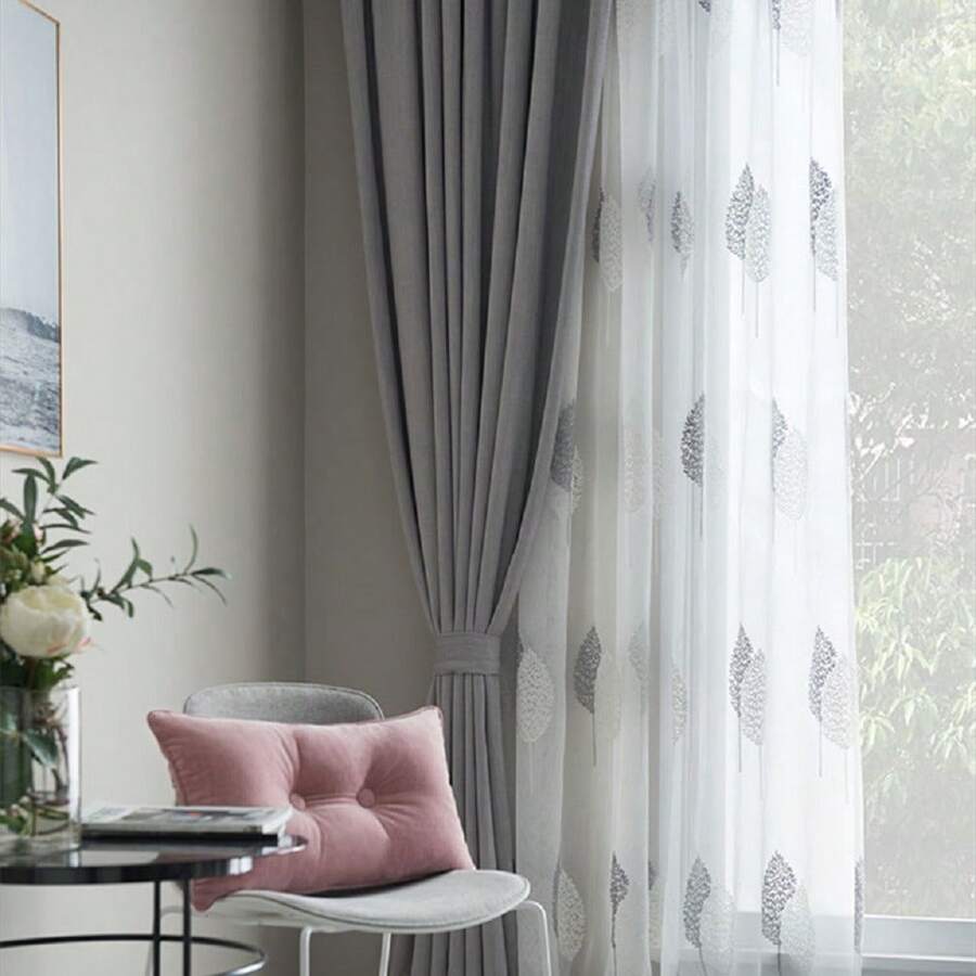 1pc Nordic Style Small Tree Embroidered Sheer Curtain, Rod Pocket Design, Fresh & Sweet