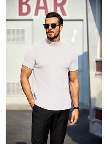 Mens Mock Turtleneck Sweater Short Sleeve Turtle Neck Sweaters Casual Ribbed Knitted Pullover Tops Solid Basic Tee - A-white - View 3