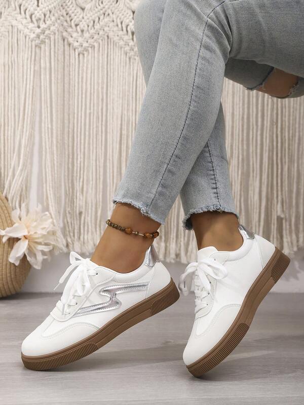 2025 New Arrival High-End Fashion White Sneakers With Silver Trim, Slip-Resistant, Durable, Versatile