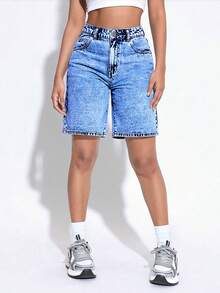 Quần short Bermuda denim dáng rộng cạp cao thời trang nữ, thích hợp mặc mùa hè. - Rửa trung bình - Xem 3