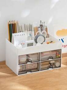 1 pieza Caja de almacenamiento de escritorio con 4 cajones, organizador de soporte para bolígrafos y tarjetas para escritorio, adecuado para escritorio, maquillaje, cosméticos, útiles de oficina, para oficina, hogar, escuela, vuelta al cole, decoración del hogar, accesorios de baño para almacenamiento de mujeres, artículos esenciales de viaje, almacenamiento para dormitorio
