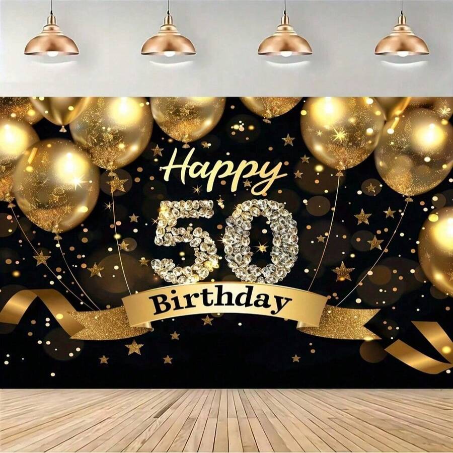 Happy 50th Birthday Party Photography Background Shining Black Gold Balloon Background Shining 50th Birthday Photo Pavilion Banner, Party Bag, Birthday Banner Banner Decoration - Multicolor - View 1