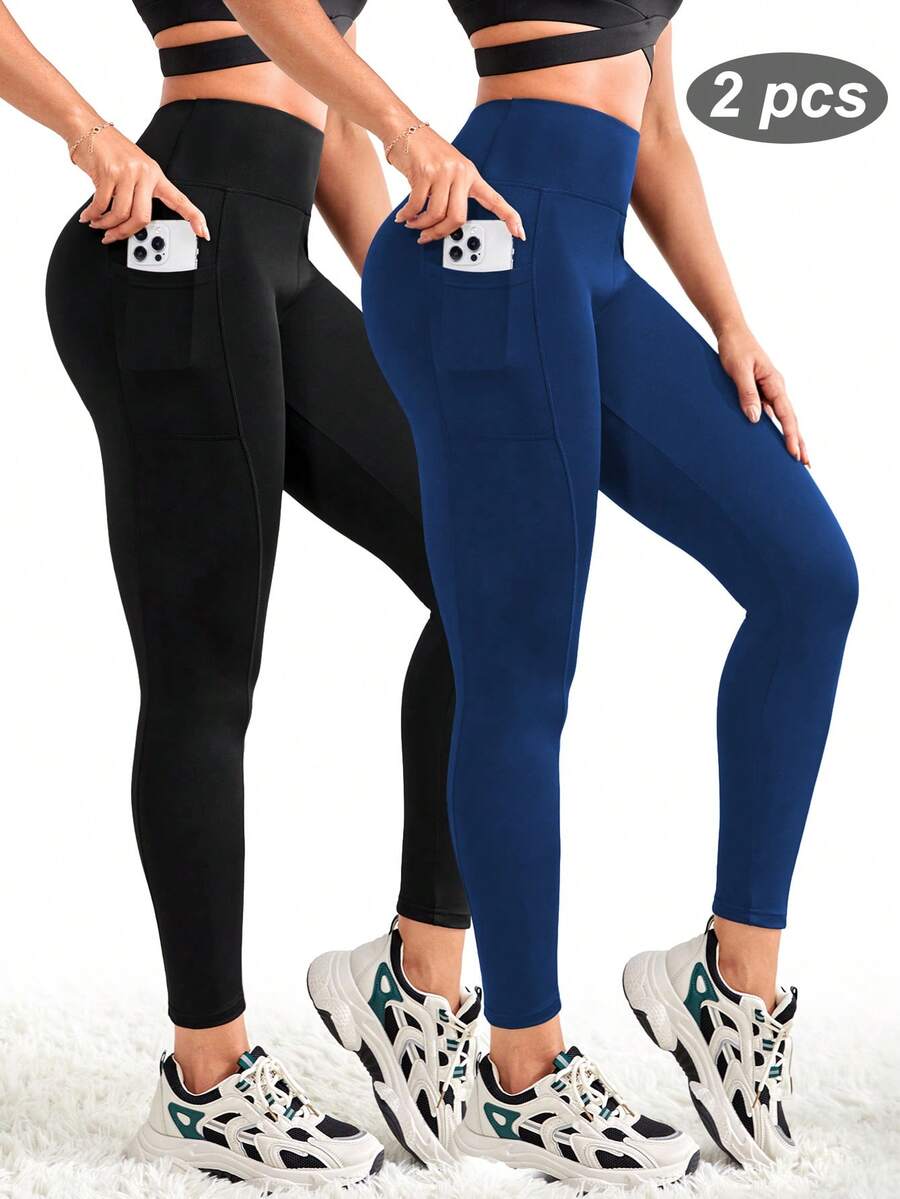 2 件女式运动紧身裤，带侧袋，高腰收腹健身紧身裤 - 彩色 - 查看 1