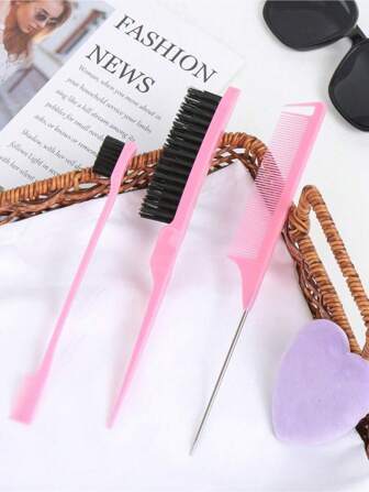 3 Pcs Slick Back Hair Brush Set With 1 Pc Edge Brush 1 Pc Hair Brush 1 Pc Rat Tail Comb, Teasing Brush For Smoothing Baby Hair & Flyaways Pink, Pink