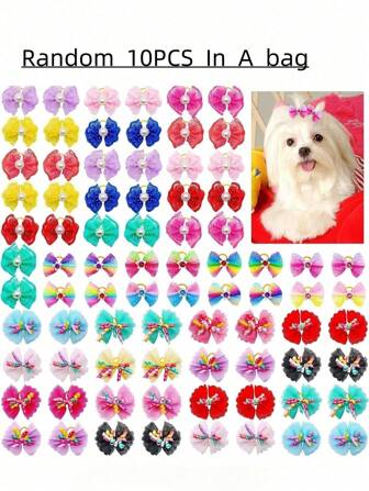 10-Piece Set Of Dog Long Hair, Cat Hair, Butterfly Tie With Rubber Band, Colorful Polka Dots, Cute Pet Headwear Suitable For Small Cats And Dogs, Colors Randomly Shipped