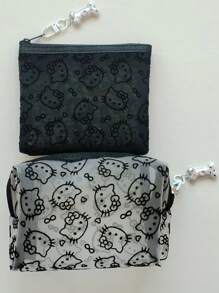 Sanrio 1pc Kitty Flocked & Mesh Portable Cosmetic Bag, Large Capacity Makeup Storage Pouch, Practical For Outdoor Use
