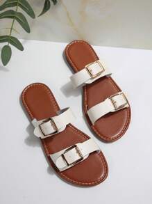 Sandalias de mujer de talla grande, de punta abierta y deslizamiento, sandalias planas minimalistas cómodas con decoración de hebilla metálica, zapatos de playa casuales de verano