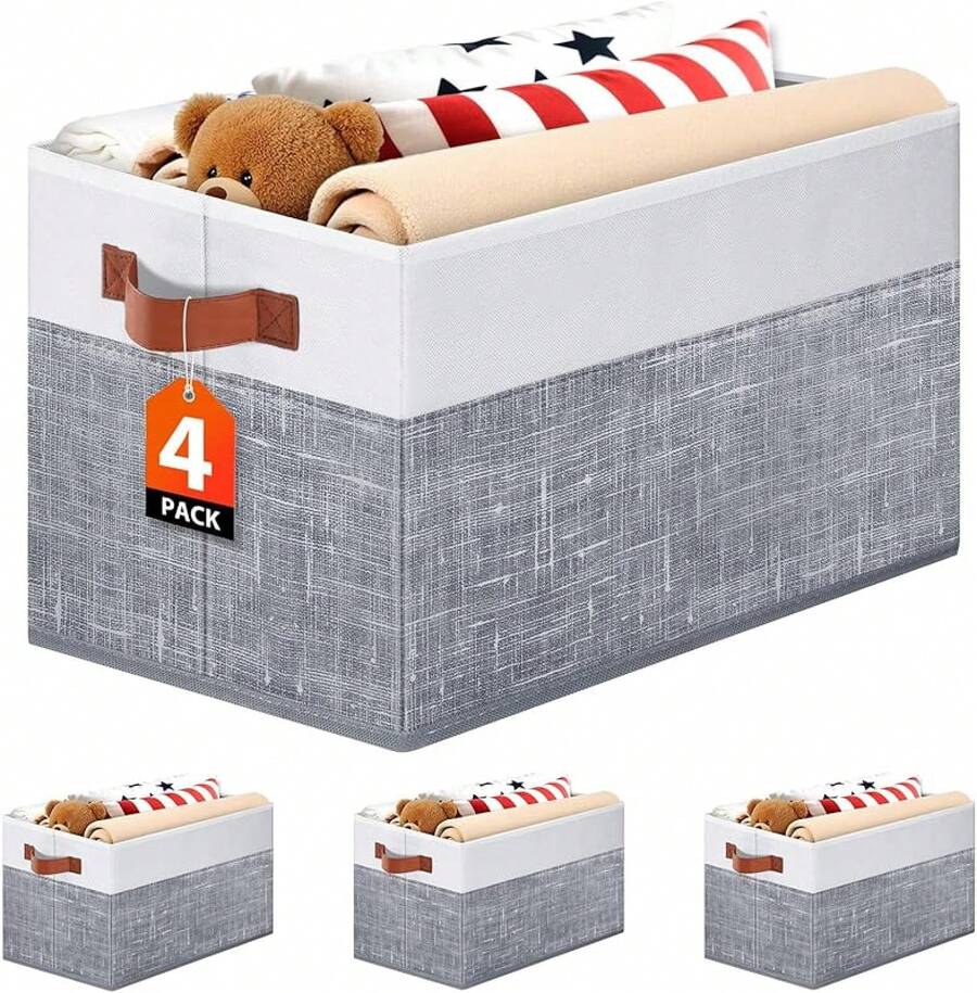 Collapsible Storage Baskets For Shelves,14"X10", 4 Pack Foldable Fabric Storage Bins With Double Leather Handles, Large Baskets For Organizing Books, Clothes, White & Greyhalloween - 灰色 - 查看 1