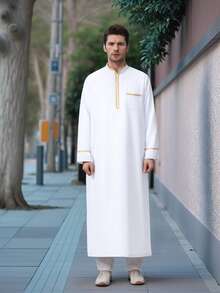 Túnica larga árabe para hombres, diseño de cuello alto, tela suave y agradable para la piel, adecuada para ocasiones diarias como Eid, Ramadán, bodas - Blanco - Ver 4
