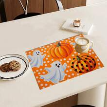 4pcs Halloween Ghost Print Placemats Set, Woven Polyester Rectangular Table Mats, Hand Wash Only, Kitchen & Home Decor, Indoor & Outdoor Dining Decoration - Multicolor - View 24