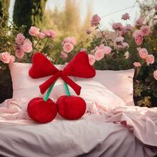 Bow Pillow Cherry Throw Pillow Aesthetic Cute Coquette Room Decor Funny Preppy Cherry Cushions Bedroom Living Room Sofa Bed Chair Decoration (Pink,Small) Valentine's Day - 酒紅色 - 查看 4