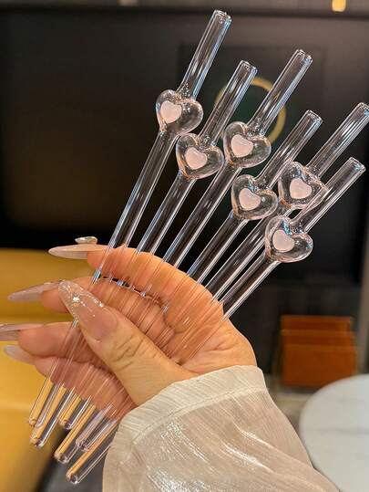 6pcs Cute Pink Heart-Shaped Glass Straws - Reusable Drinkware Set With Cleaning Brushes | Shatter-Resistant Milky Tea Smoothie Accessories, Perfect For Bachelorette Party & Bridal Engagement Decor Gift, Girlfriend Gift