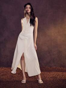 Glamine Pleated, Solid Color, Body-Con, Sleeveless, V-Neck, High Slit To Thigh, Waist-Cinched, Open Back With Bowknot, Flared Dress, Elegant, Sexy, Glamorous, For Occasions, Workwear, Minimalist, Spring/Summer Women