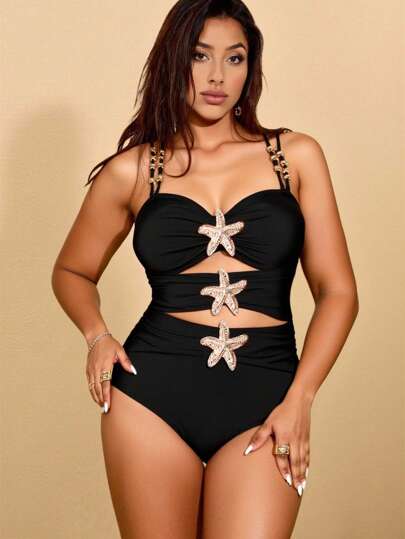 Swim Chiccia 1 pieza Traje de baño de una sola pieza para mujer talla grande con decoración metálica minimalista, atuendo de playa y vacaciones de verano