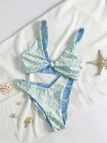 2pcs/Set Women Summer Beach Bikini Set, Butterfly & Shell Double-Sided Print Design, Reversible, Wide Strap Twist Swimsuit Top And Mid-Waist Swim Bottoms, Suitable For Pool Party And Beach Holiday - Blue - View 2