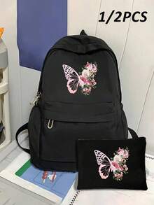 蝴蝶印花大号背包，适合少女，学生背包，时尚黑色青少年背包，适合学校和大学使用；经典长款拉链钱包，大容量，颜色和款式随机；返校笔记本电脑包和保护套 - 黑色 - 查看 2