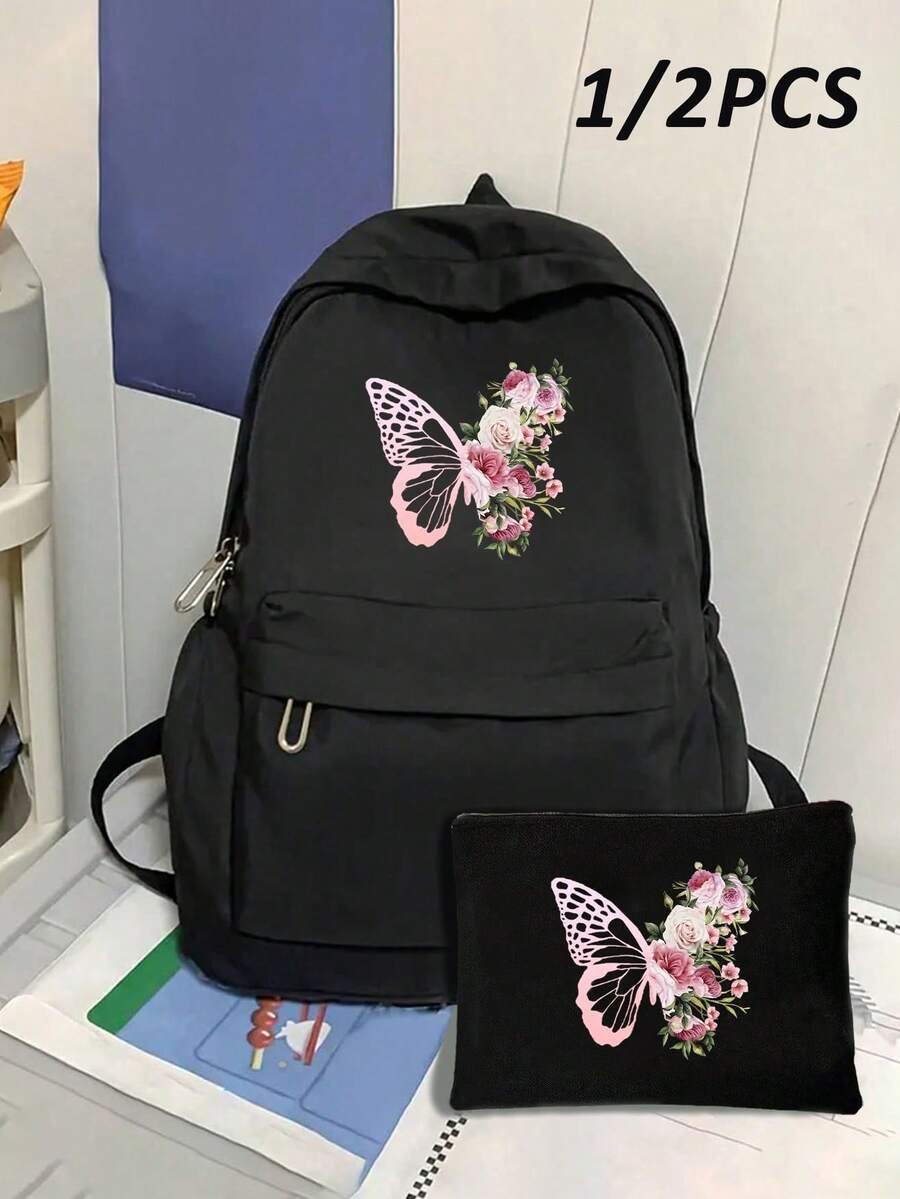 Butterfly Print Large Backpack, Suitable For Teenage Girls, Student Backpack, Fashionable Black Teenage Backpack, Suitable For School And College Classic Long Zipper Wallet, Large Capacity, Random Color And Style Back To School Laptop Bag And Protective Sleeve - Black - View 1