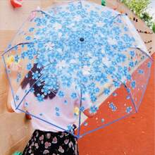 1 Pc Umbrella, Folding Cute Goddess Style, Korean Kawaii Minimalist Sakura Floral Print Transparent Umbrella