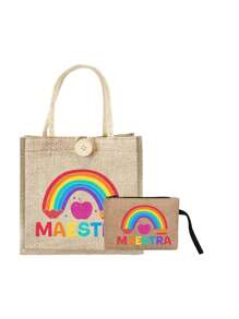 Rainbow Pencil Print Tote Bag Set, Tote Bag And Makeup Bag, Lightweight Large Capacity Tote Bag, Reusable Burlap Shopping Bag, Portable Travel Beach Bag With Makeup Bag, Best Gift For Teacher'S Day, Nurse'S Day, Birthday, Anniversary, Suitable For Weddings - Multicolor - View 15