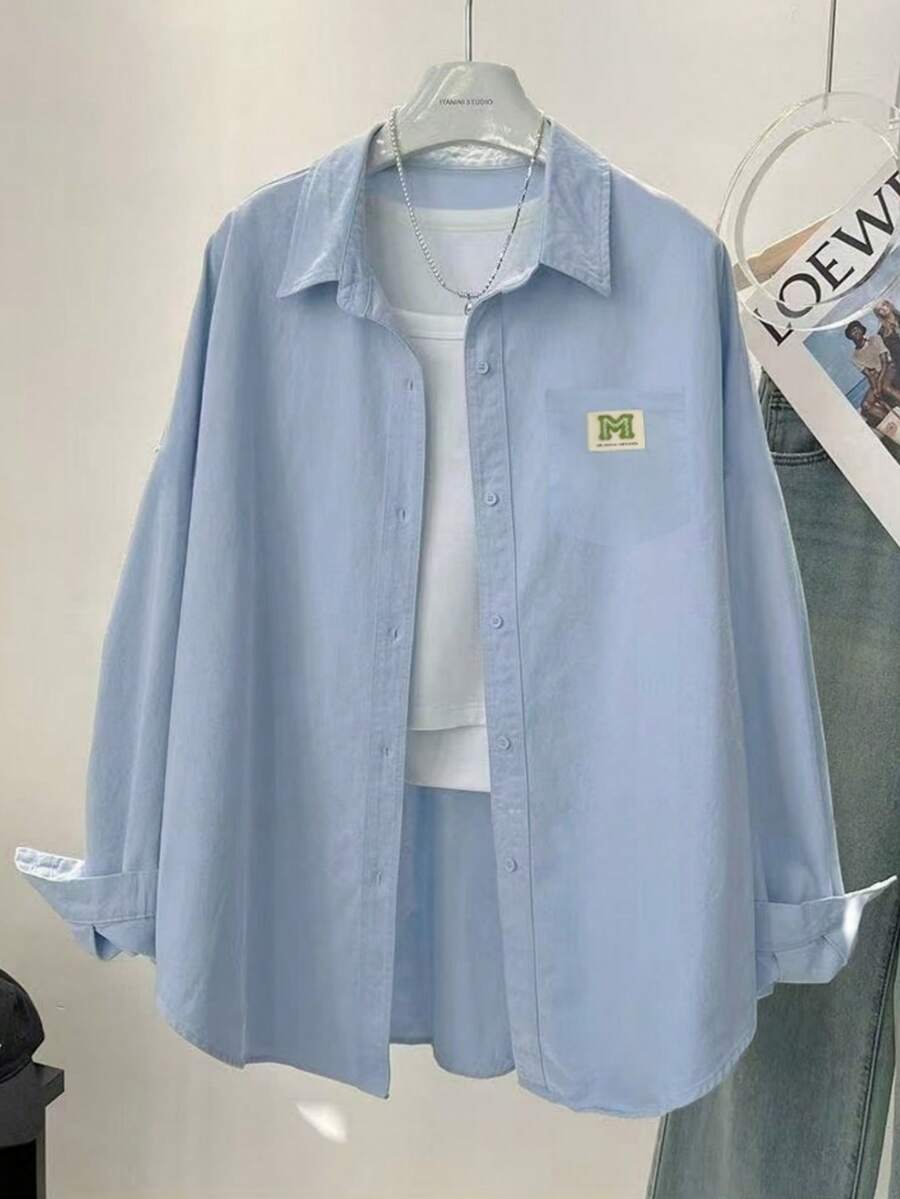 Women's Casual Versatile Front Button Pocket Blouse - Baby Blue - View 1