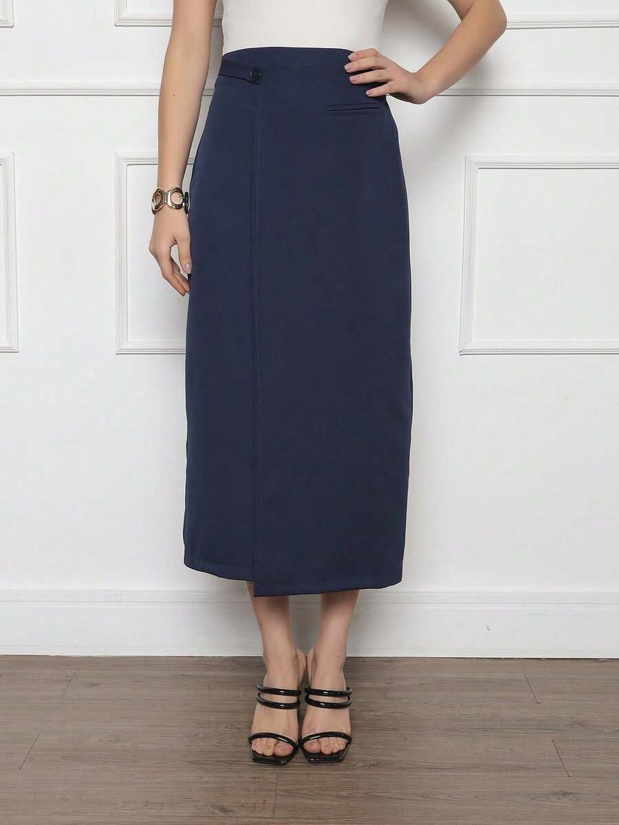 Women's Midi Skirt Side Detail Fake Zipper Pocket At The Back - 藏蓝色 - 查看 1