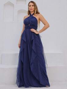 Vestido de festa longo  para casamento,madrinha,formatura de tule  liso com saia cascata