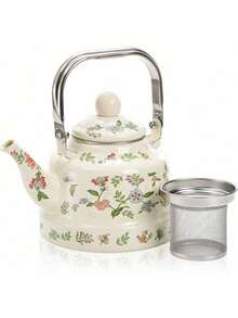 1.8 Quart Vintage Enamel Stovetop Tea Kettle, Retro Green Floral Enamel On Steel Teapot With Removable Infuser, For Home, Kitchen, Camping, Gift For Wedding, Housewarming, Bridal Shower - 1 - Xem 1