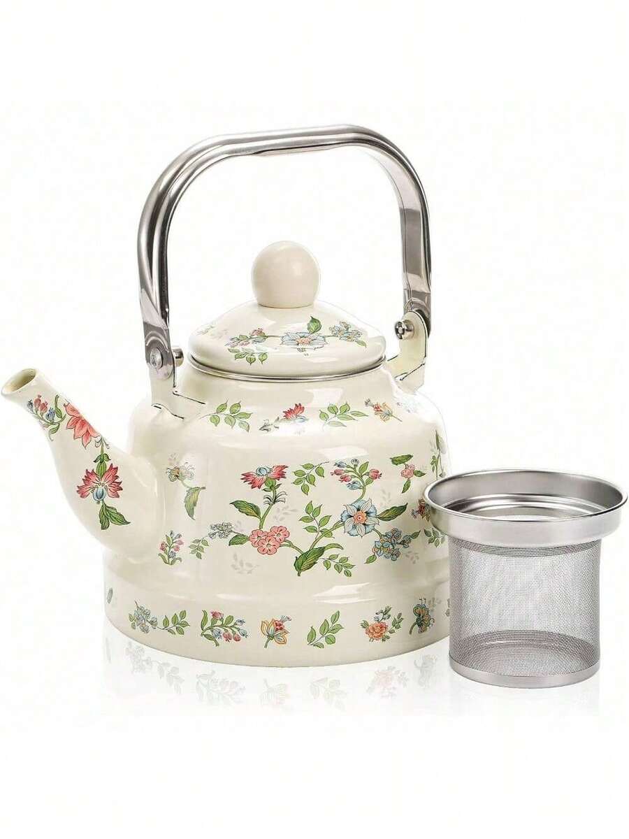 1.8 Quart Vintage Enamel Stovetop Tea Kettle, Retro Green Floral Enamel On Steel Teapot With Removable Infuser, For Home, Kitchen, Camping, Gift For Wedding, Housewarming, Bridal Shower - 1 - Xem 1