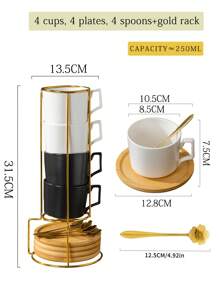 1 Juego de Tazas de Café - 4 Tazas, 4 Platillos, 4 Cucharas con Soporte de Metal / 1 Juego de Tazas de Café - 1 Taza, 1 Platillo, 1 Cuchara, Capacidad ≈ 250ml, Material Cerámico, Disponible en Blanco/Negro/Verde, Taza de Café para Cappuccino Latte Art, Taza de Té, Apta para Té, Café, Cereales, Chocolate Caliente, Incluye Cuchara y Bandeja de Madera, Juego de Tazas de Café, Juego de Tazas de Cerámica, Ideal para Restaurantes, Cafeterías, Hogar y Oficina, Gran Regalo para Familia, Amigos y Seres Queridos.