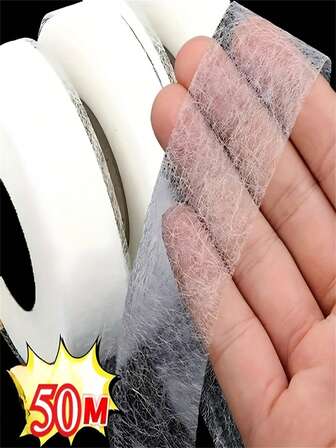 1 rulle 50 meter dubbelhäftande stryk-på-fålltejp, non-woven självhäftande för byxor, mössor och gör-det-själv-sömnad – vit, 1/2 cm bred, TPU-material, sömlös reparation och kantförkortningslösning, plaggfåll | Transparent tejp | slitstark tygtejp