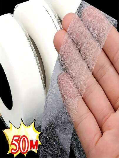 1roll 50meter Double-Sided Iron-On Hemming Tape, Non-Woven Adhesive For Pants, Hats & DIY Sewing – White, 1/2CM Width, TPU Material, Seamless Repair & Edge Shortening Solution, Garment Hemming | Transparent Tape | Durable Fabric Tape