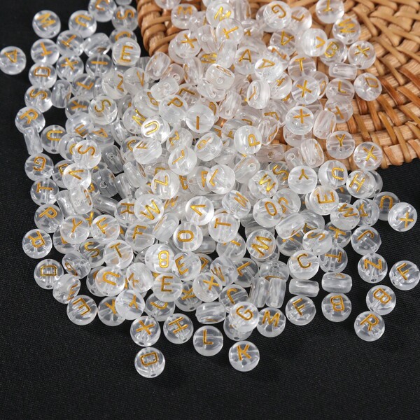 200PCS Crystal Gold Letter Beads - Transparent Alphabet Jewelry Supplies For DIY Bracelets & Keychains, Full A-Z Charms With Glitter Fill (Premium Acrylic Beading Kit With Pre-Drilled Holes)