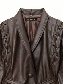 Seelio 秋冬新款女士时尚系带翻领皮夹克 - 棕色 - 查看 10