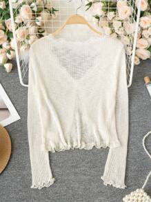 Apricot Lace Trim V-Neck Ruffle Edge Sheer Knit Thin Cover Up Sweater, Lightweight Outerwear Suitable For Home, Commute, Outdoor Wear, Autumn/Winter