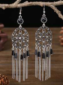 Brincos Vintage de Gota Oca, Brincos de Borla com Strass Vermelho, Acessórios Tradicionais Chineses de Hanfu e Cheongsam