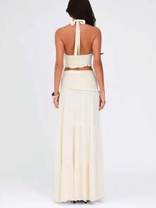 Women Casual Ruched Ruffled Slim Halter Crop Top&Skirt Spring Summer Party Vacation Night Out 2 Pieces Sets - Apricot - View 8