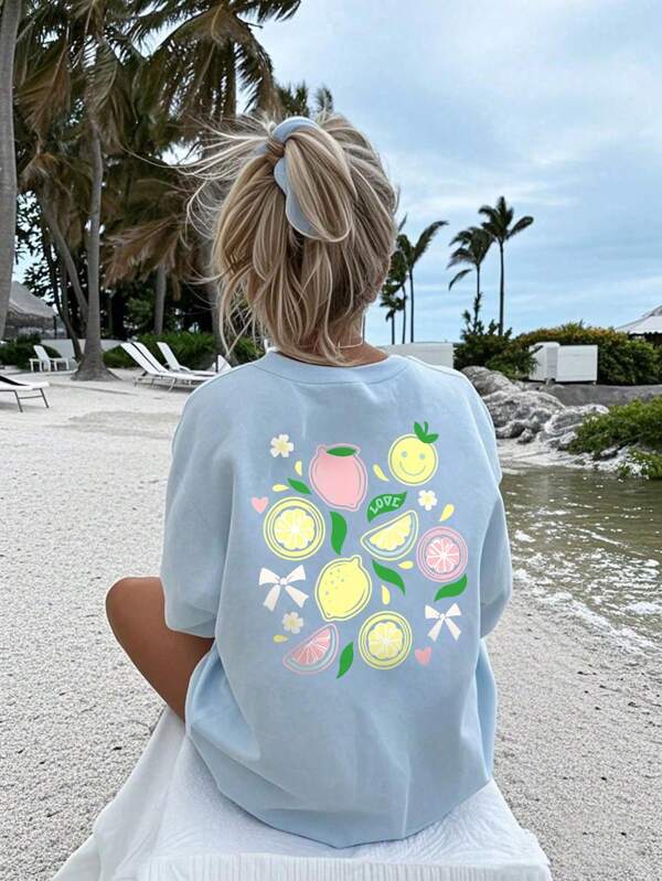 Girls & Teens Students Casual Light Blue Printed Round Neck Short Sleeve T-Shirt, Summer Top