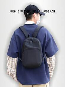 1 件休闲纯色背包，适合男士，可容纳 13 英寸笔记本电脑，旅行/书包，黑色 - 黑色 - 查看 2