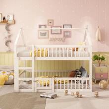 okwish Letto a castello con scala, letto a soppalco con protezione anticaduta, letto in legno massello, struttura per letto per bambini con rete a doghe (letto inferiore senza rete a doghe), bianco/grigio