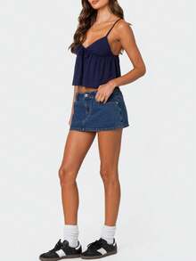 Women Babydoll Cami Tops Summer V Neck Spaghetti Strap Flowy Ruffle Crop Tank Tops Casual Backless Peplum Camisole - 深藍色 - 查看 5