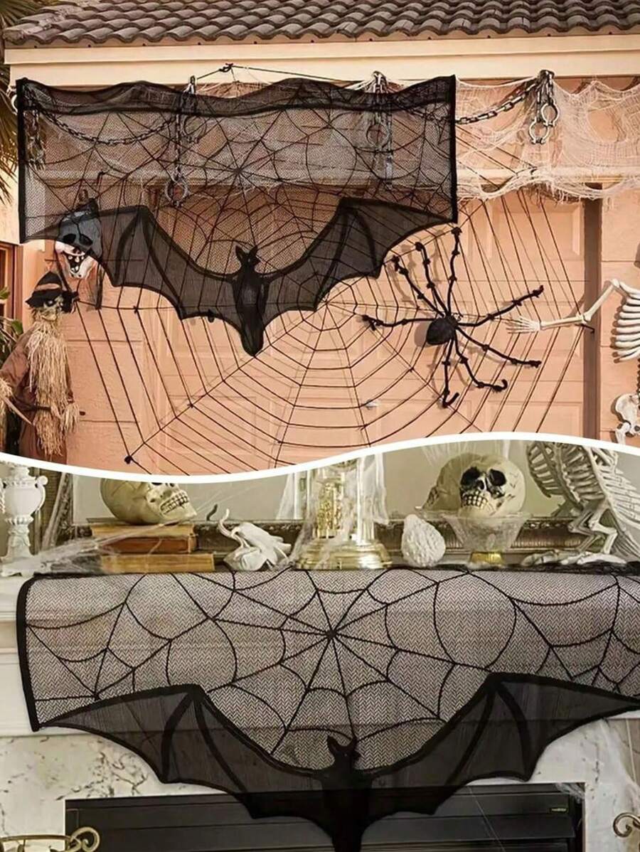 1/2 件 - 万圣节蝙蝠蜘蛛网窗帘 | 鬼屋派对装饰 | 万圣节派对装饰 | 双面黑色蕾丝涤纶可水洗窗户 | 万圣节元素恐怖装饰窗帘 - 适用于万圣节 - 生日、恐怖派对、客厅、卧室、办公室恐怖家居装饰