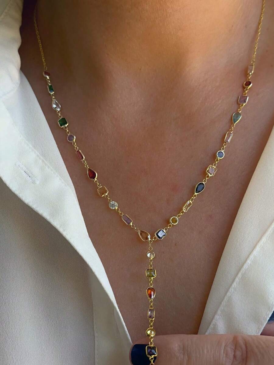 1 件新品欧美时尚独特彩色水晶流苏项链，稀有高端彩色锆石锁骨链 - 幾何 - 查看 1