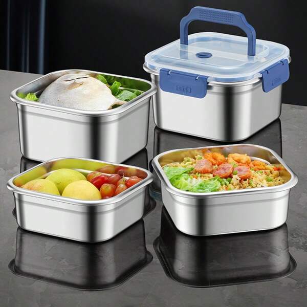 Recipiente de alimentos de acero inoxidable con tapa, caja de almuerzo hermética y a prueba de fugas, apta para picnic al aire libre y camping, caja bento de gran capacidad, recipiente para guardar alimentos, tazón para ensalada de frutas o pastel