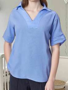 Women's Summer Cotton Linen T-Shirt Casual Loose Fit Solid Lapel V Neck Elbow Sleeve Blouses Tops - 藍色 - 查看 3