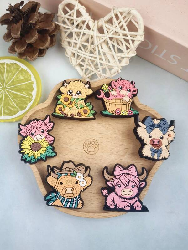 Set de 6 piezas de la Serie Yak con patrón de dibujos animados, accesorios adecuados para sandalias y pulseras DIY personalizables, incluyendo adornos para chanclas y teléfonos, ideal como regalo para amantes de los animales en cumpleaños y festividades